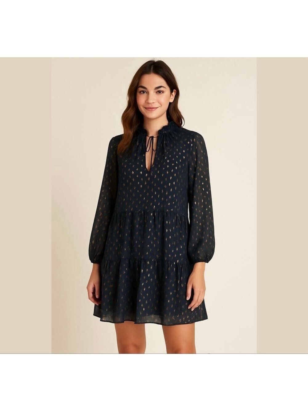 H&m Balloon-sleeved Dress golden dots baby doll style Sz US 6